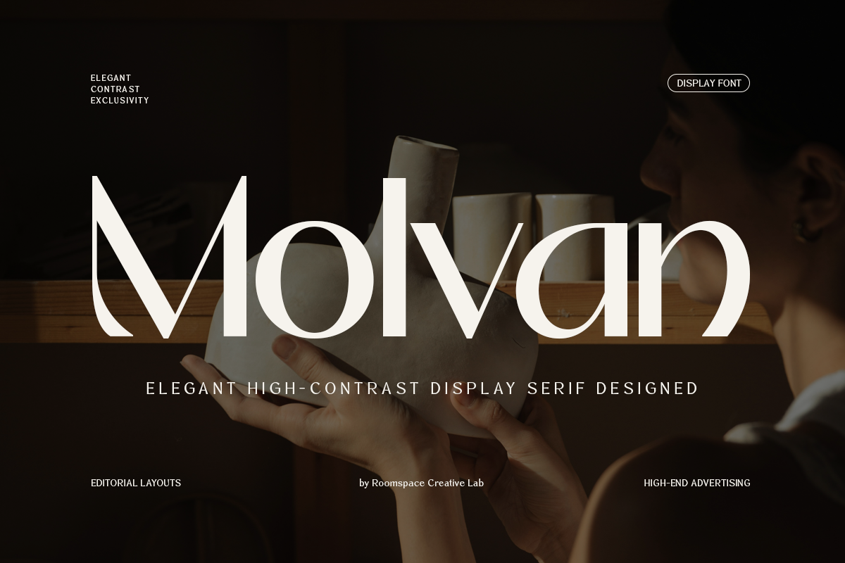 Molvan serif typeface displayed over moody product photography with ceramic vessels
