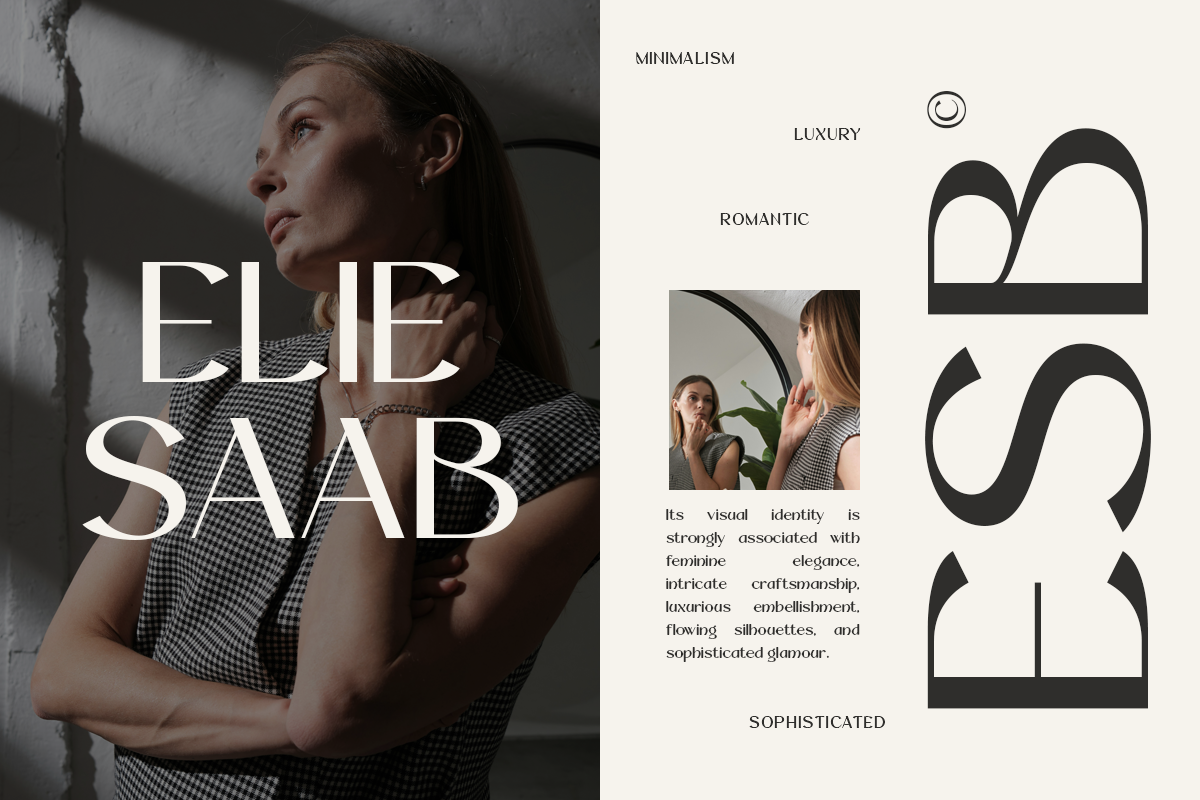 Elie Saab brand mood board with luxury fashion photography, minimalist typography, geometric logo shapes