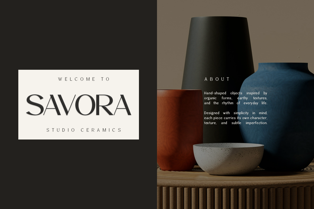 Savora ceramics brand mockup with handmade vessels in black, rust, blue tones
