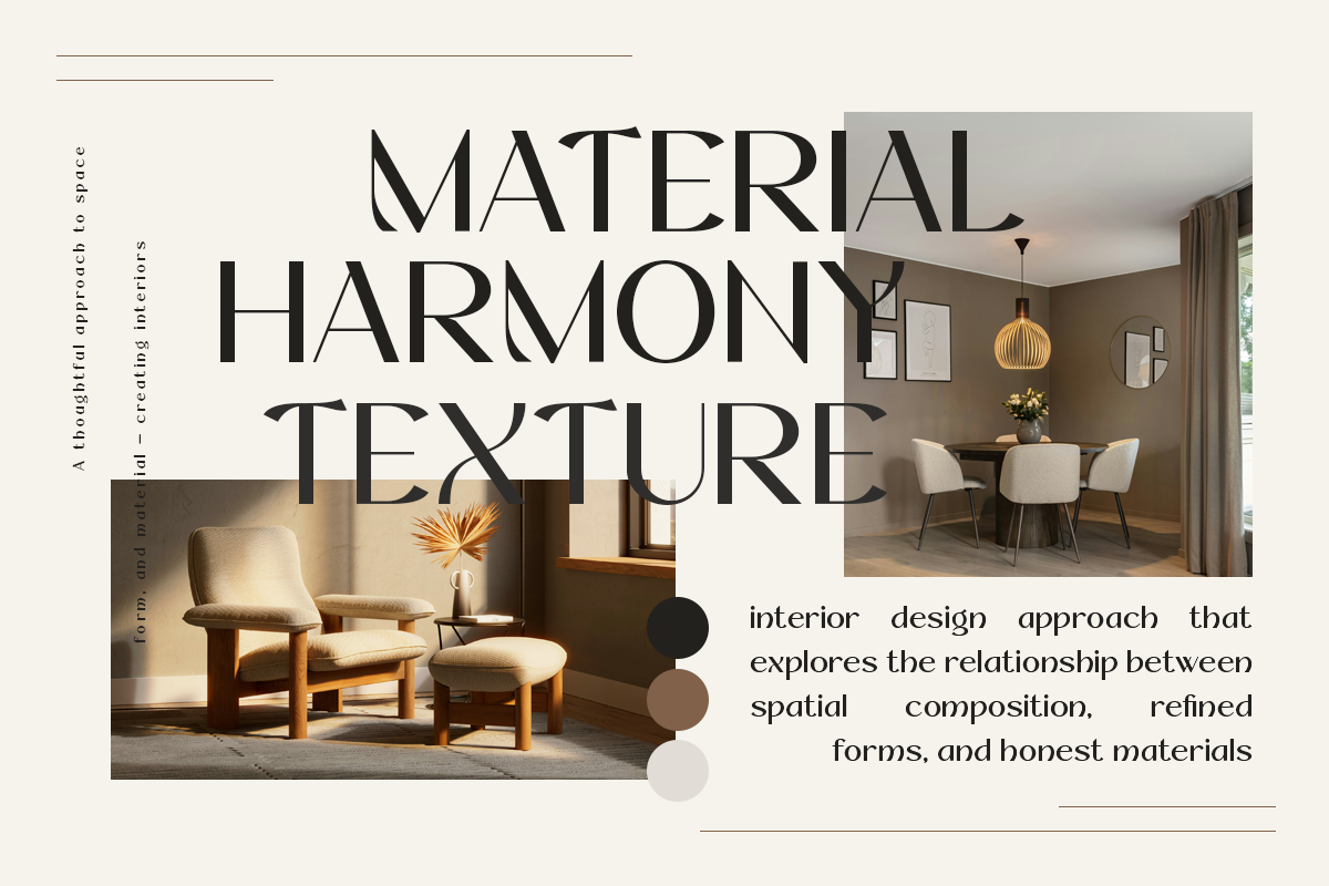 Material Harmony Texture interior design mood board with warm furniture photography