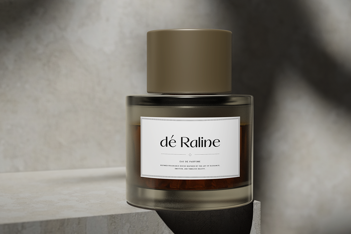Luxury perfume bottle mockup with beige cap, dark glass, minimal label on neutral background