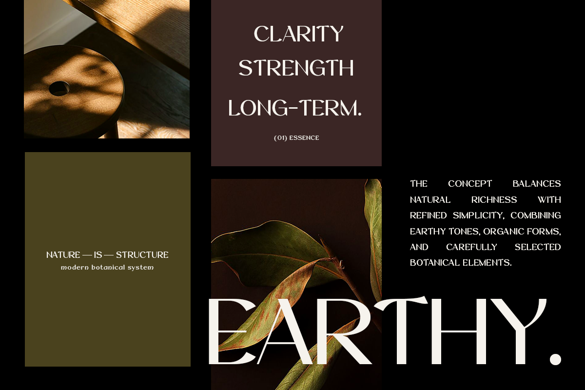 Luxury brand website mockup with earthy tones, botanical imagery, minimalist layout