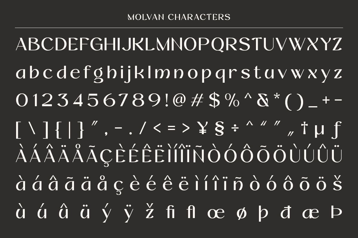 Molvan serif font showing full character set with uppercase, lowercase, numbers, symbols, plus accented letters