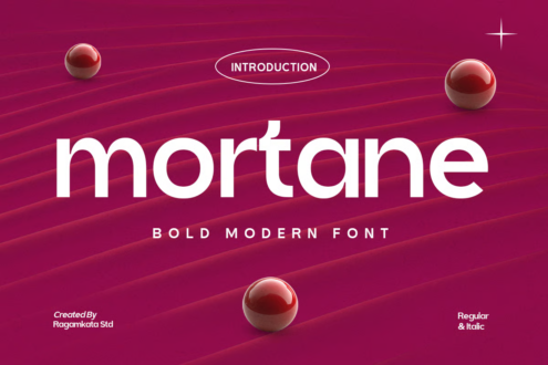 Mortane bold modern font on vibrant magenta background with floating spheres