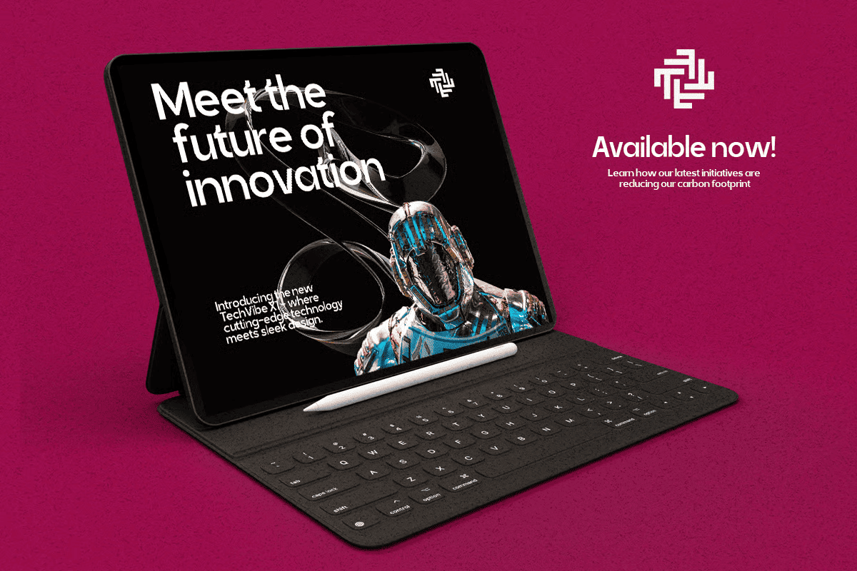 Tablet with keyboard mockup showing tech innovation design on magenta background