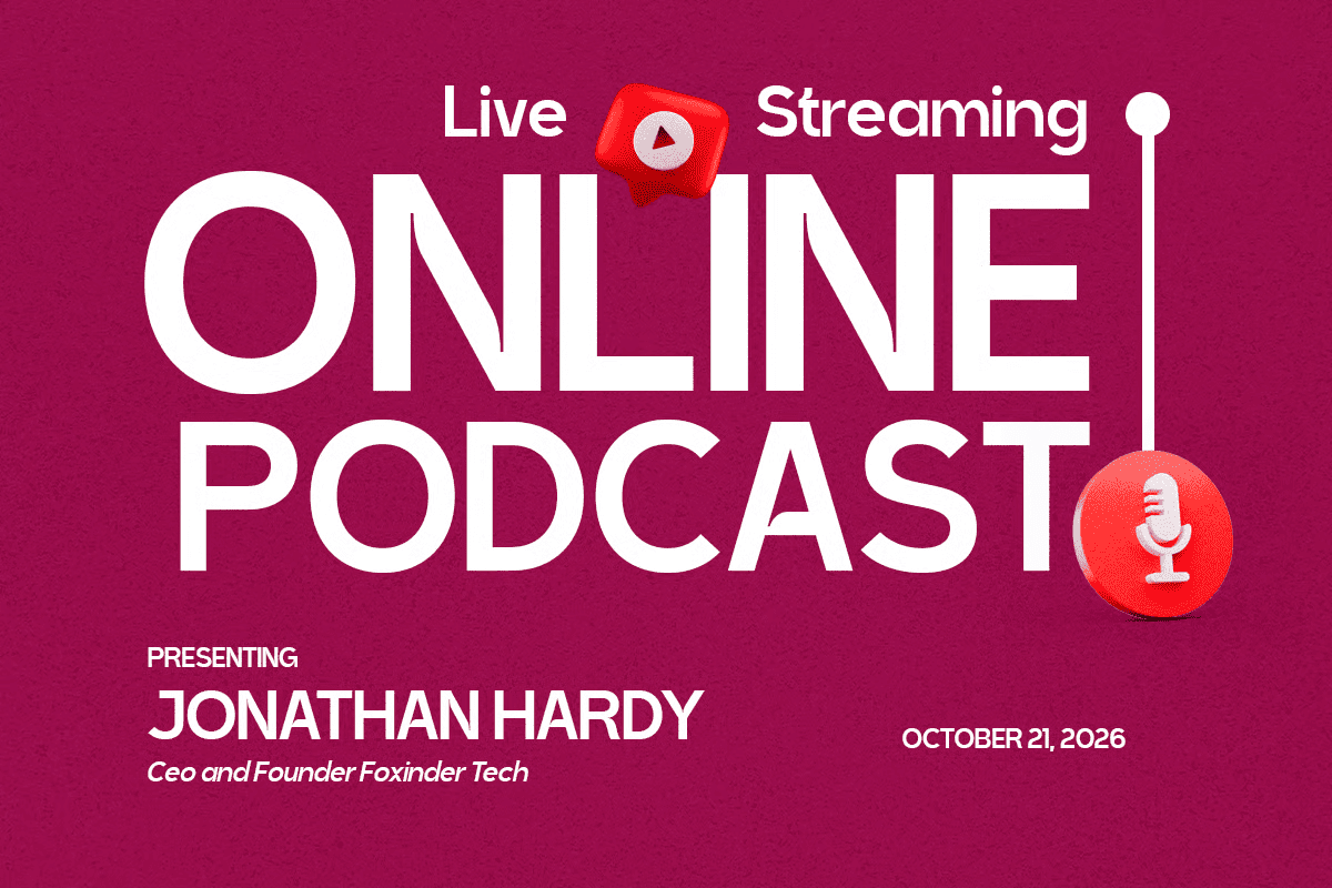 Live streaming podcast poster with bold white typography on magenta background with red microphone icons