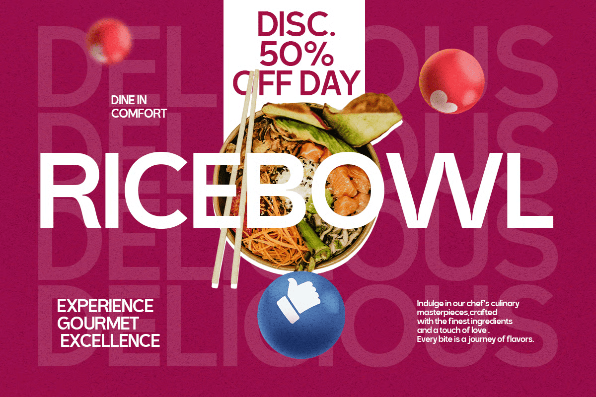 Rice bowl restaurant poster mockup with 50% off sale banner on magenta background