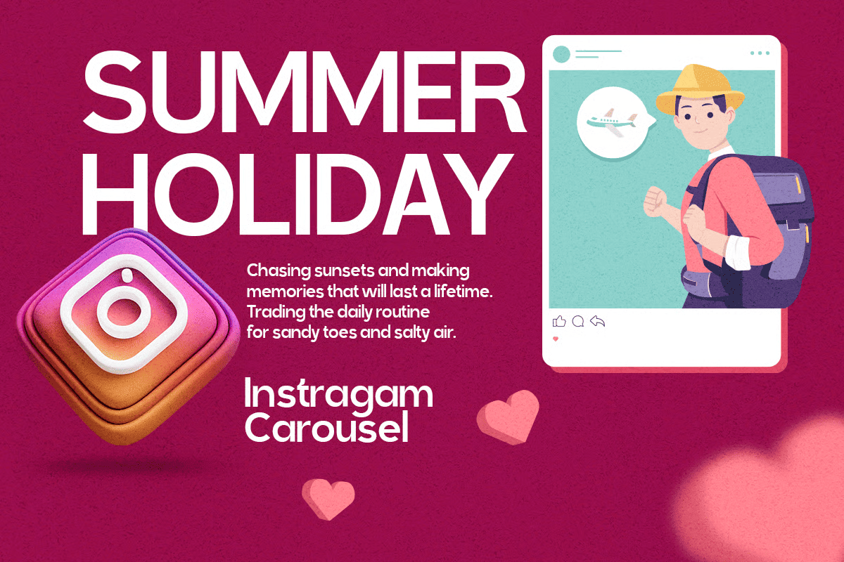 Summer holiday Instagram carousel mockup with traveler character on magenta background