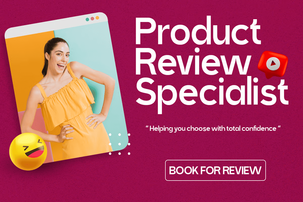 Colorful product review mockup with smiling woman in yellow top, browser window, emoji reactions on magenta background