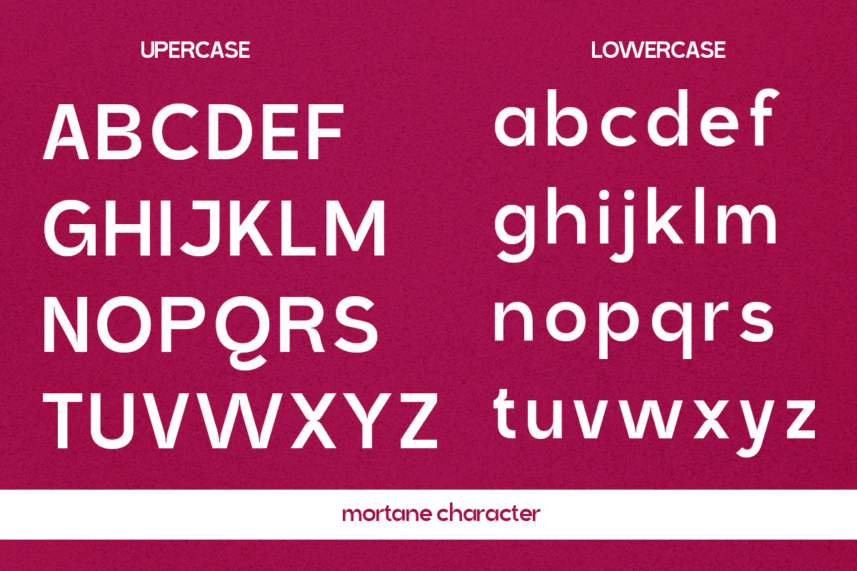 Mortane font showing uppercase, lowercase, numerals on hot pink background