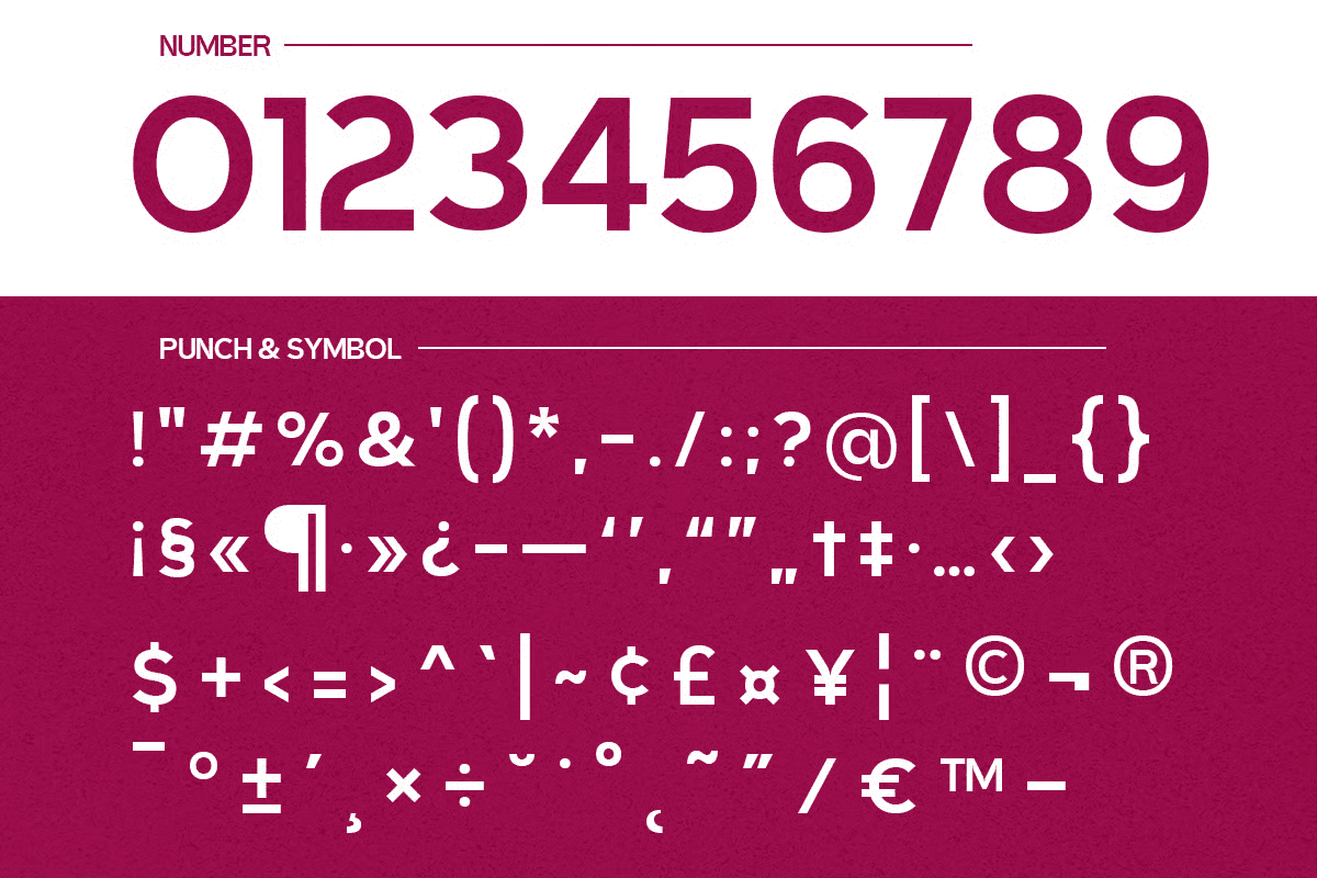 Bold burgundy font showing full character set with numbers, punctuation, symbols