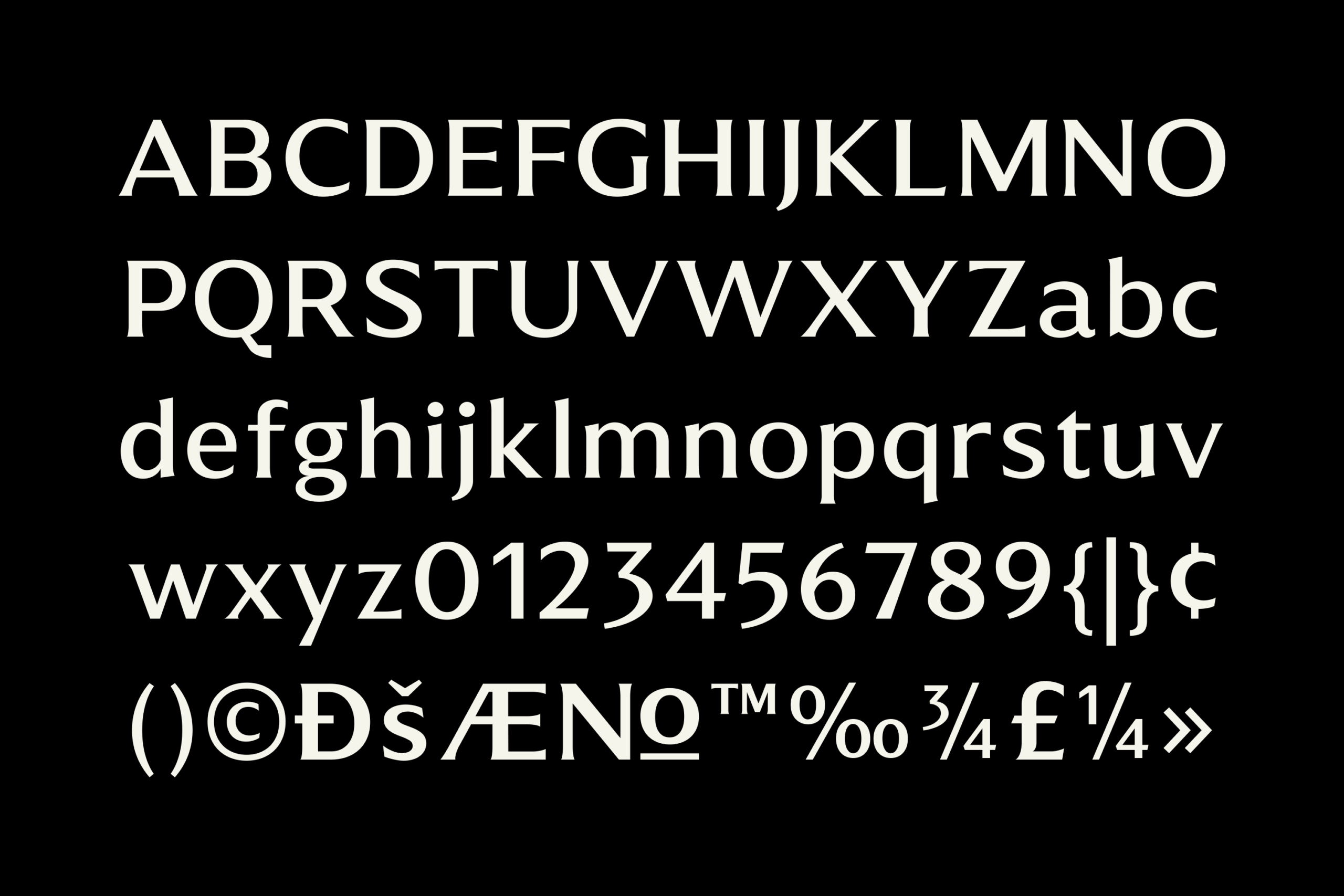 Clean serif typeface showing full character set with letters, numbers, symbols on black