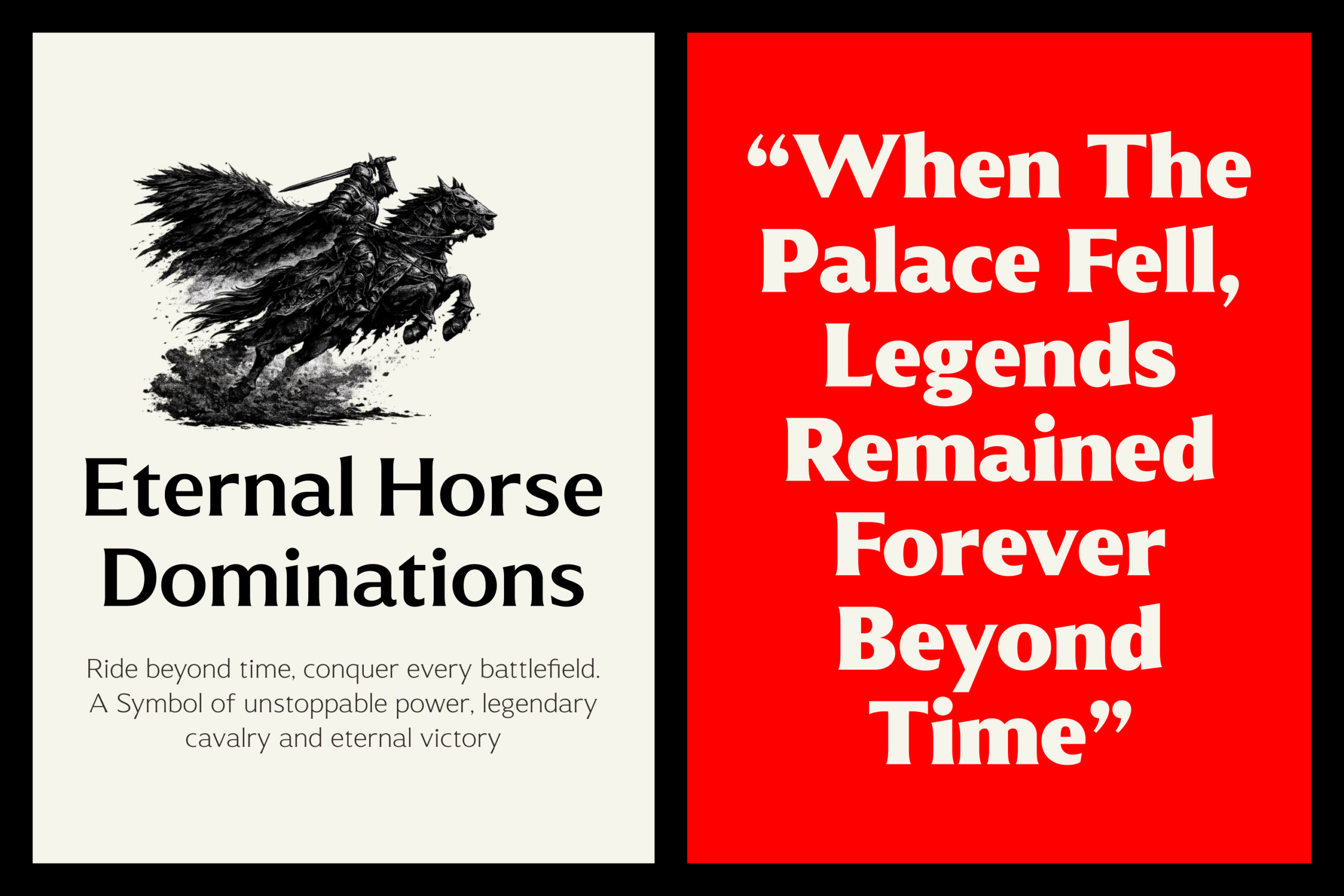 Split poster design with sketchy black horse on cream left side, bold red right panel with white text quote