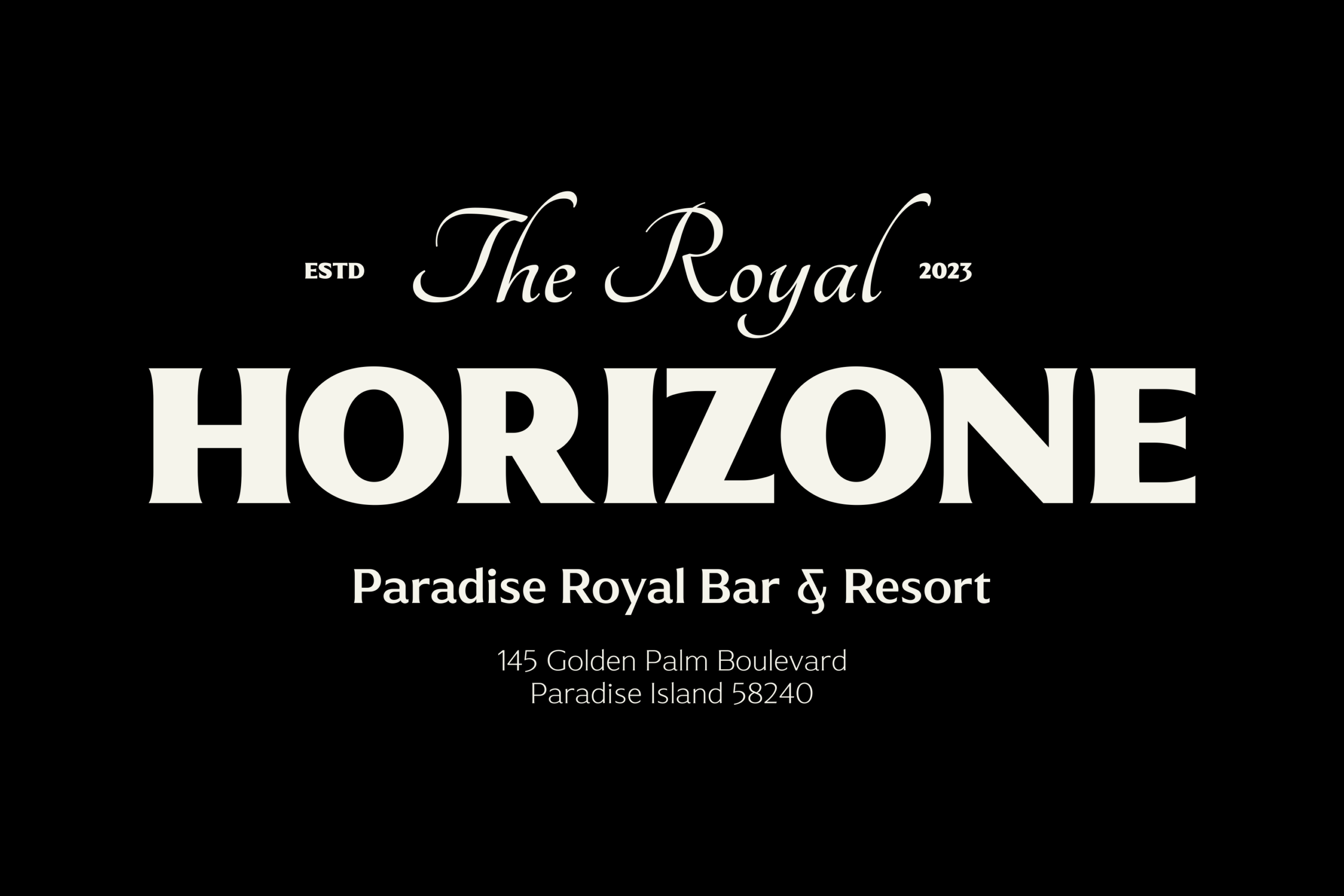 Elegant black background with white serif typography displaying "The Royal Horizone" bar branding with established date