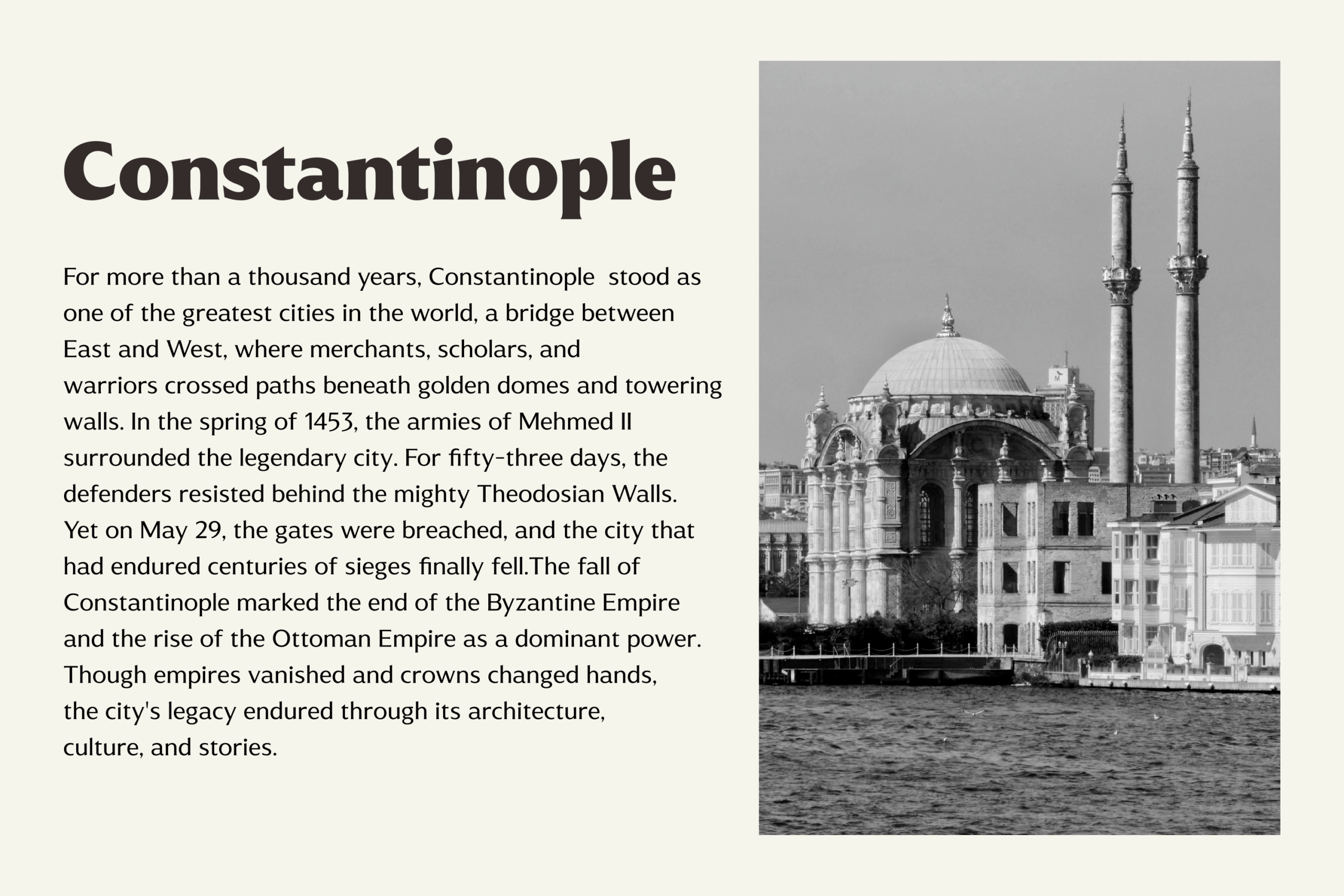 Black white photo of Ottoman mosque by water with twin minarets, historical architecture layout with text