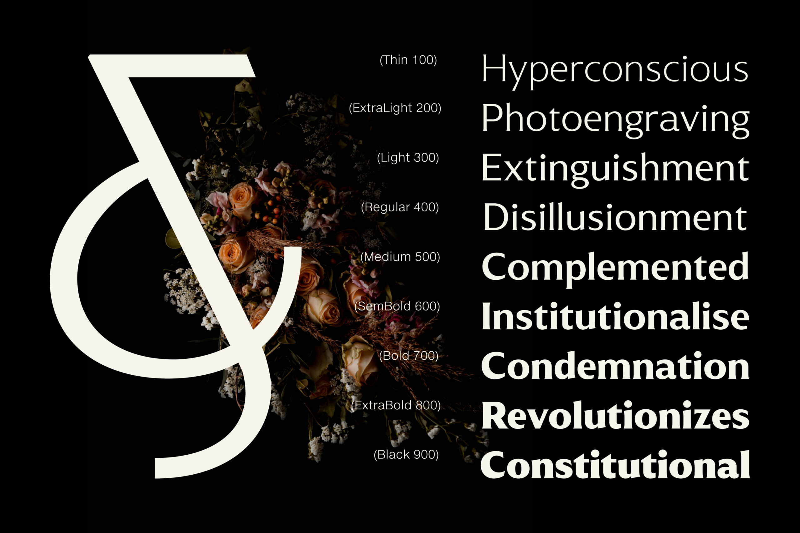 Serif font specimen showing weight variations from thin to black with moody florals