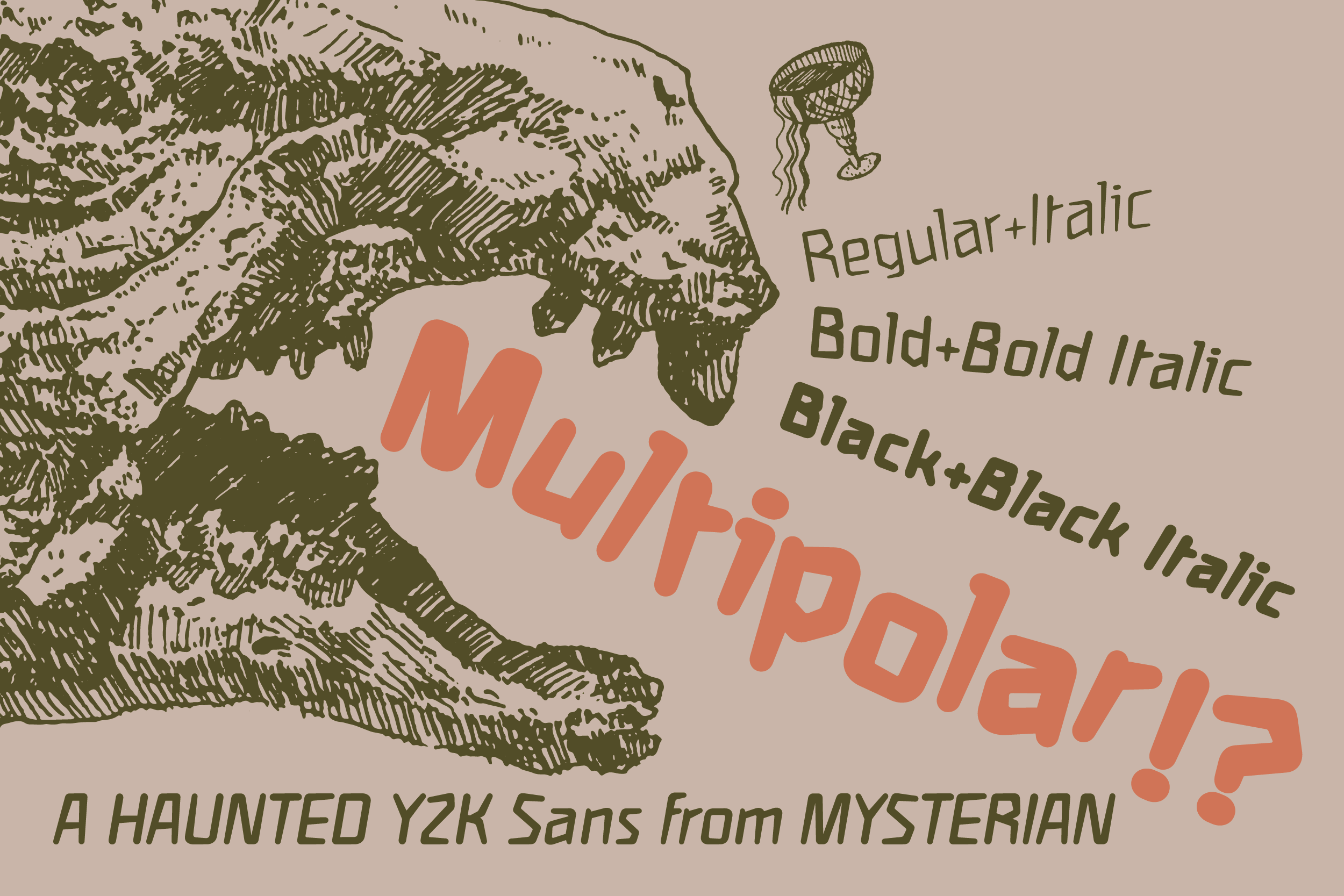 Multipolar font specimen with spooky hand-drawn jellyfish, showing weights in coral against beige with olive sketches