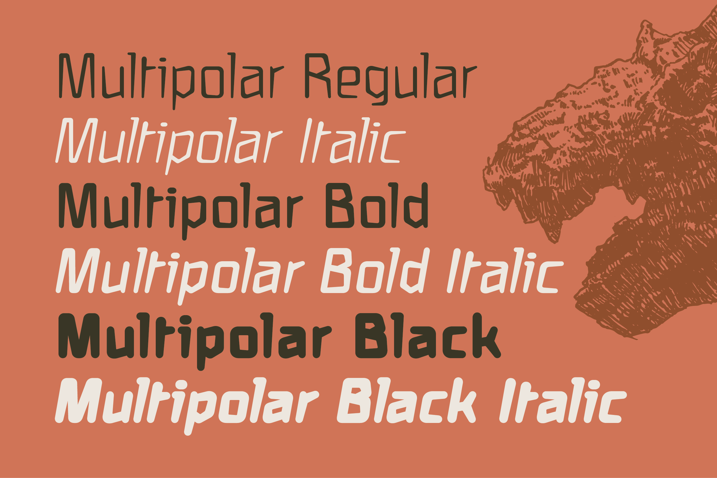 Multipolar font family showing six weights in regular, italic, plus bold variants