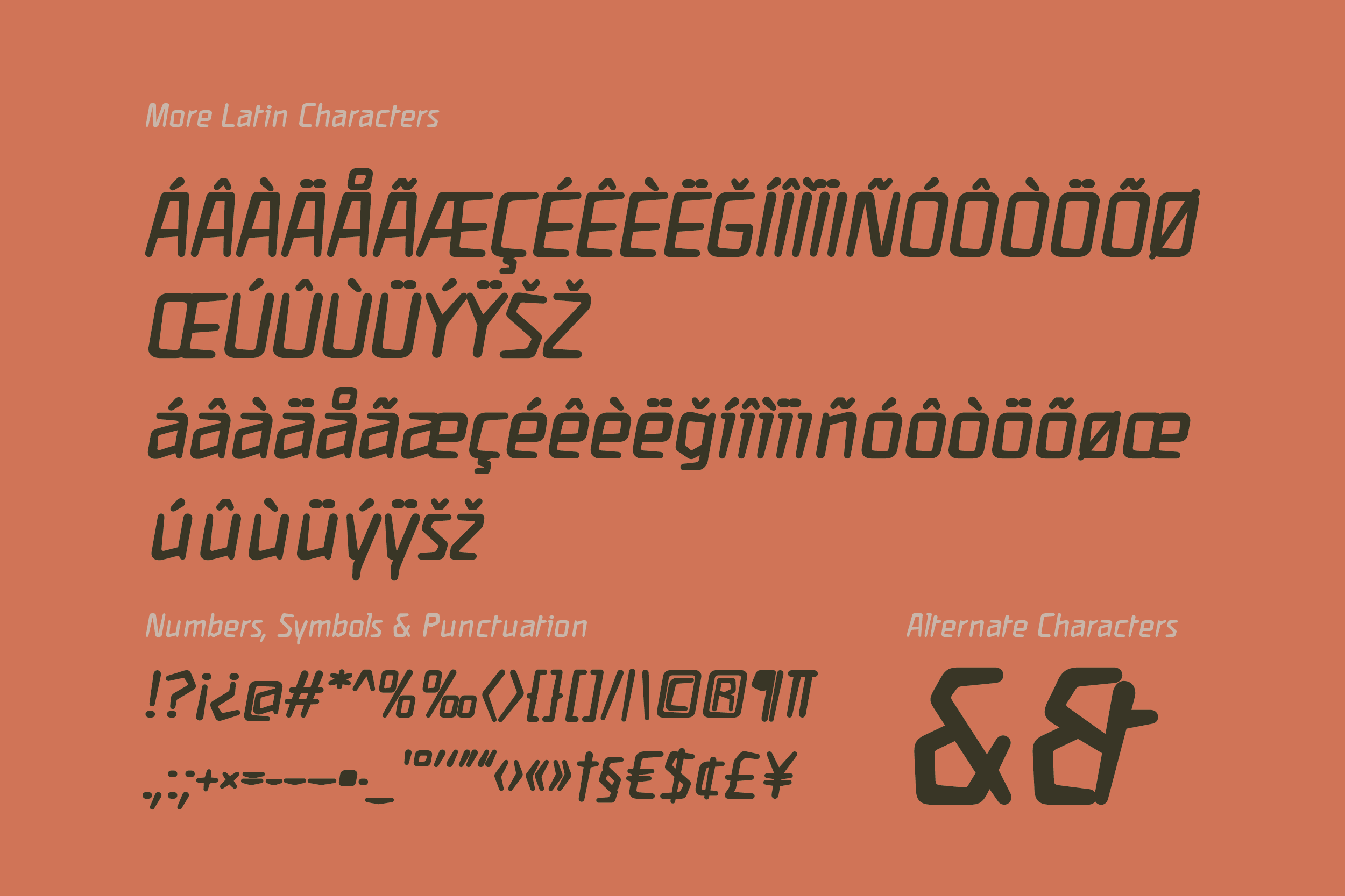 Font character set showing Latin accents, numbers, symbols, plus alternates