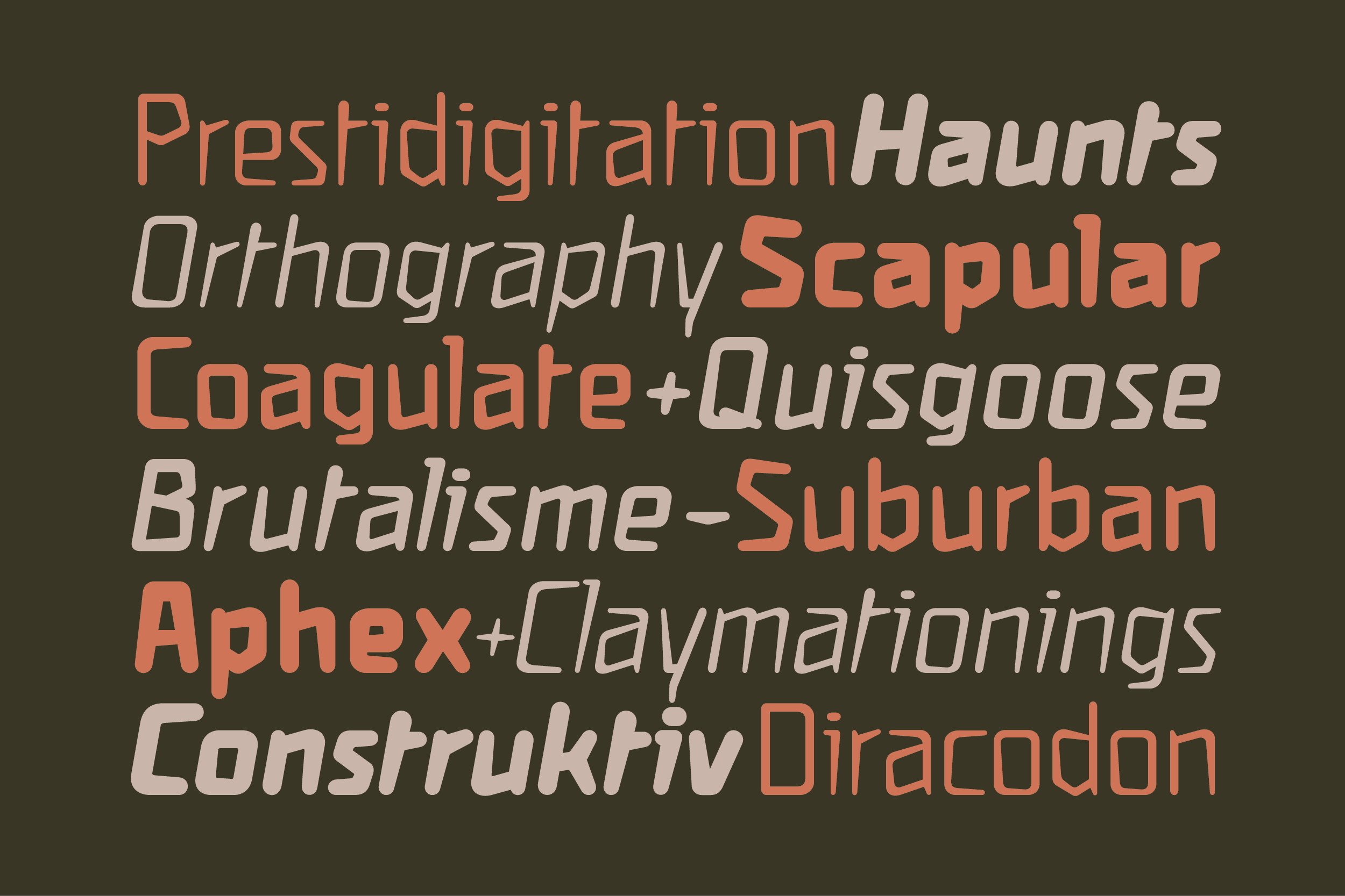 Display of 10 geometric sans serif fonts stacked in coral, cream, tan on olive background