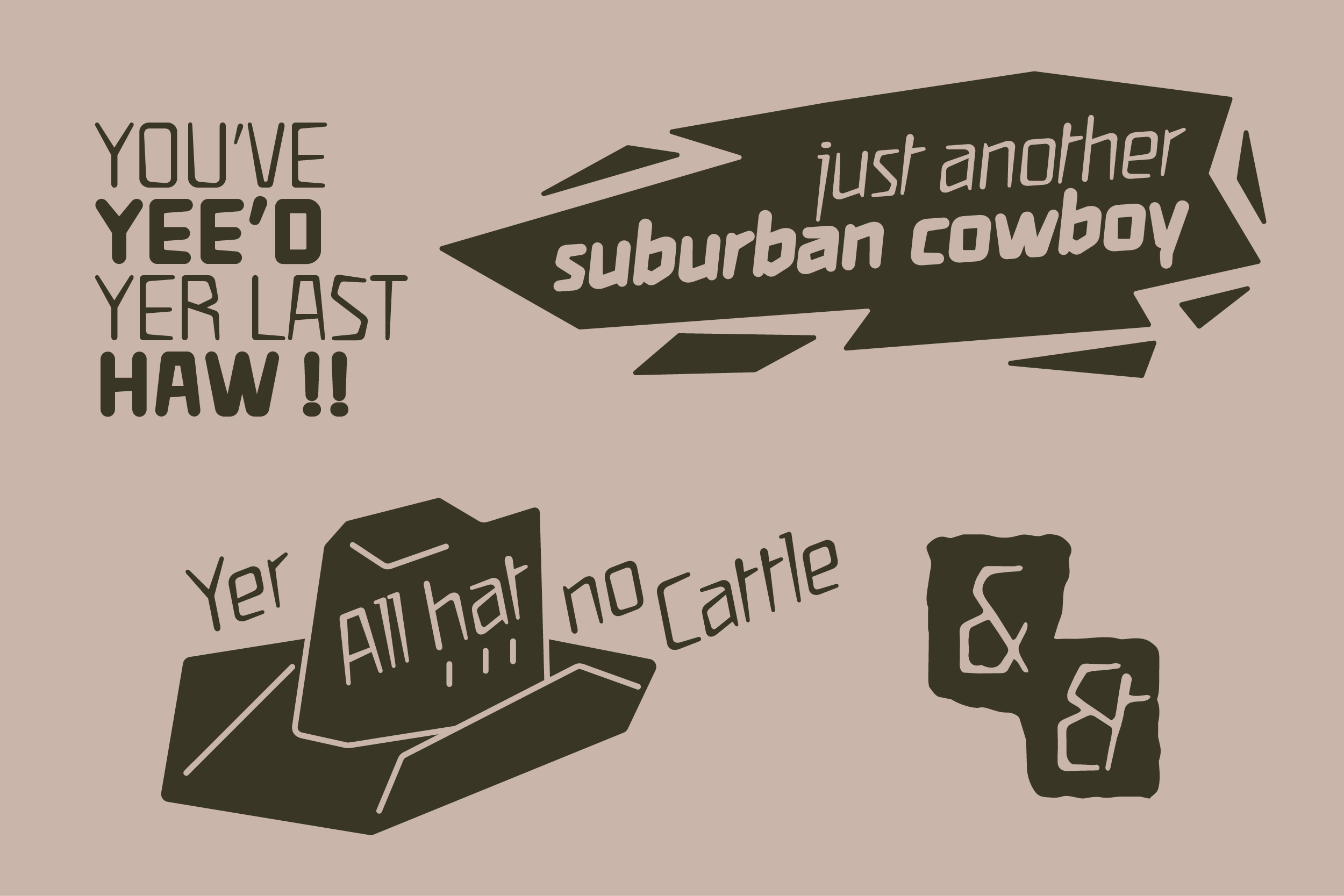 Retro Western graphics with cowboy hat, banners, rustic text elements in olive green