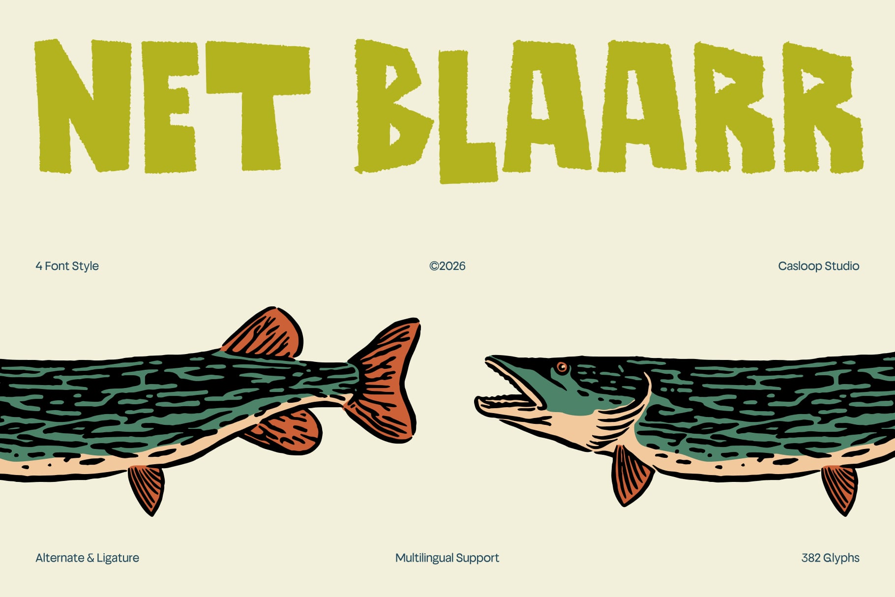 Net Blaarr typeface with chunky letterforms in chartreuse, fishing illustration below showing two stylized fish with red fins