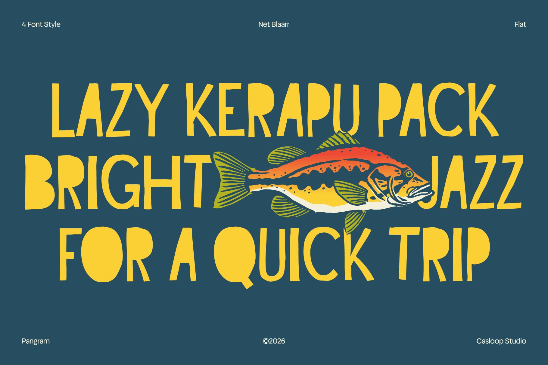 Bold yellow typography with illustrated fish graphic on teal background for travel design