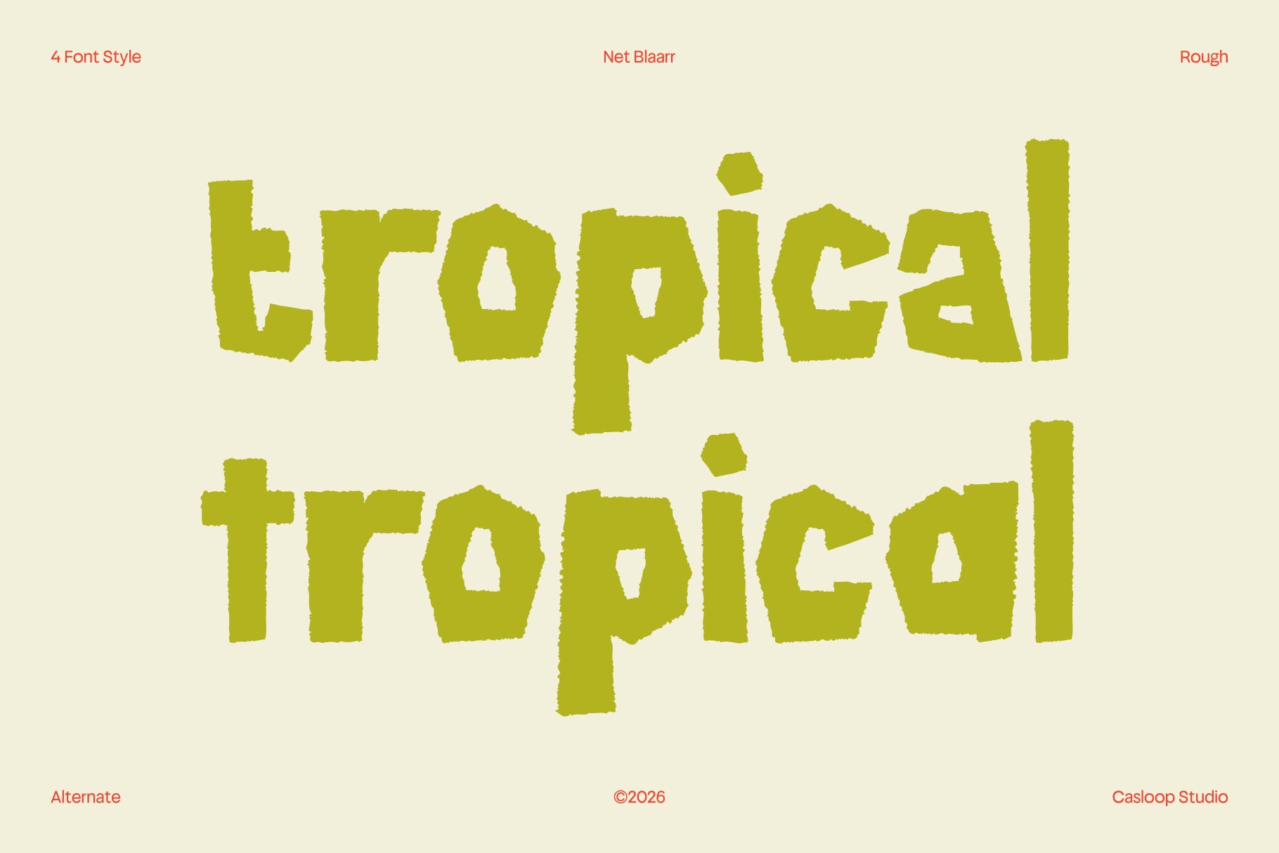 Rough chartreuse typeface with chunky distressed edges on cream background