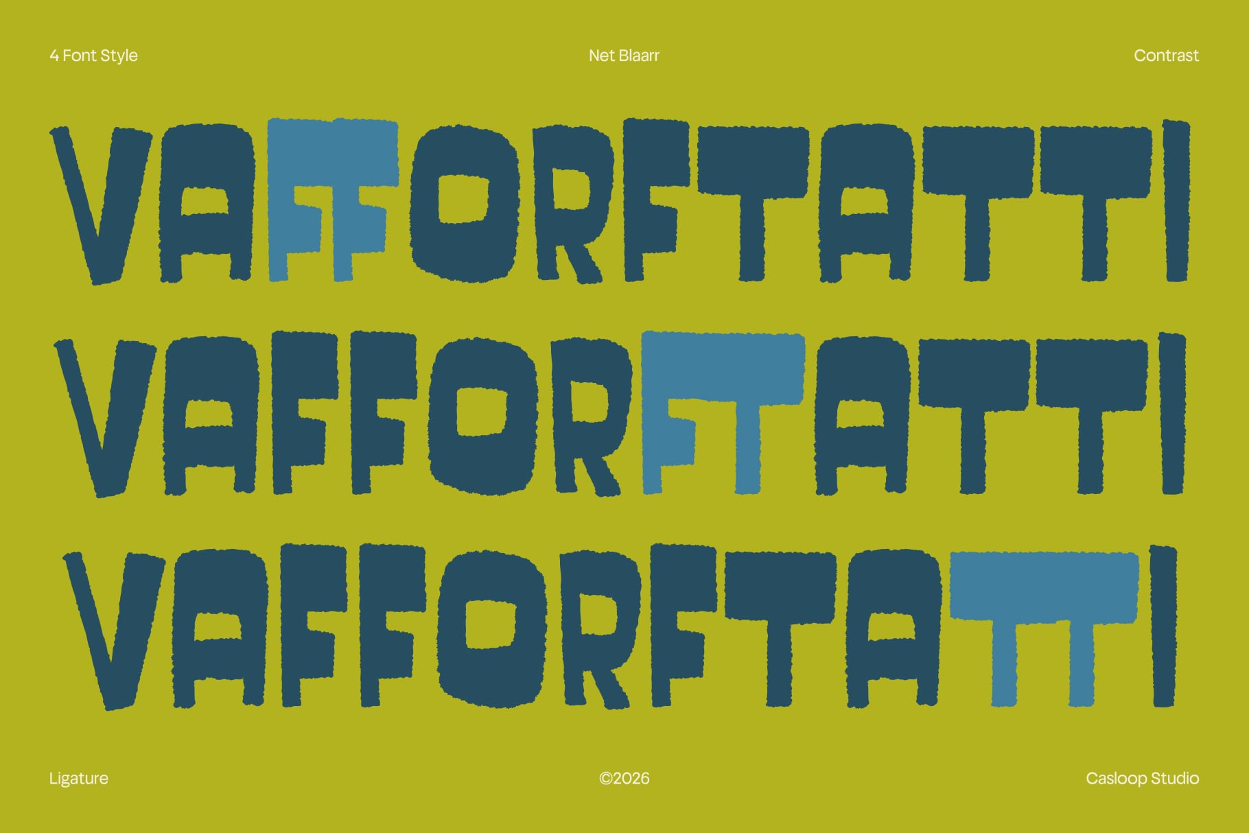 Net Blaarr font showing 4 styles with teal letters on bright yellow background