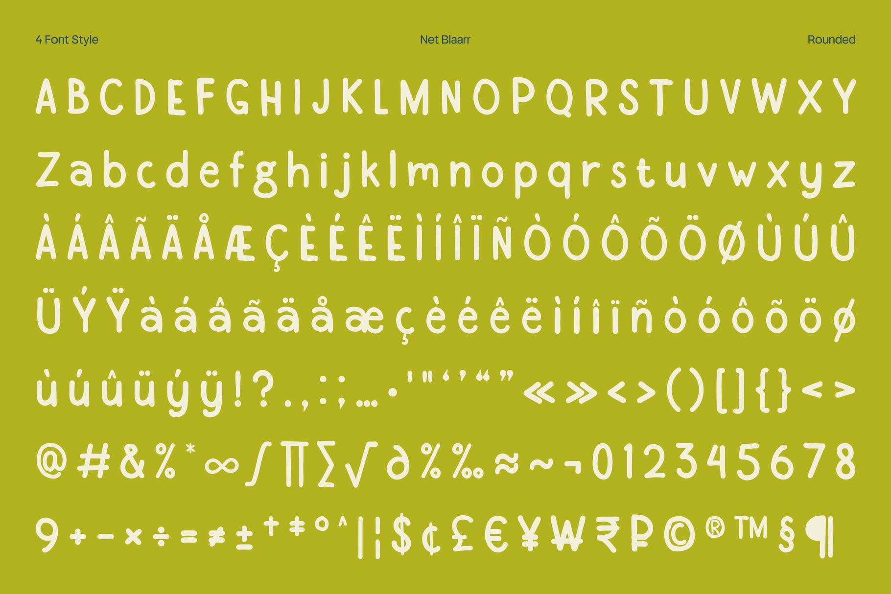 Net Blaarr rounded typeface showing full character set with accents on chartreuse background