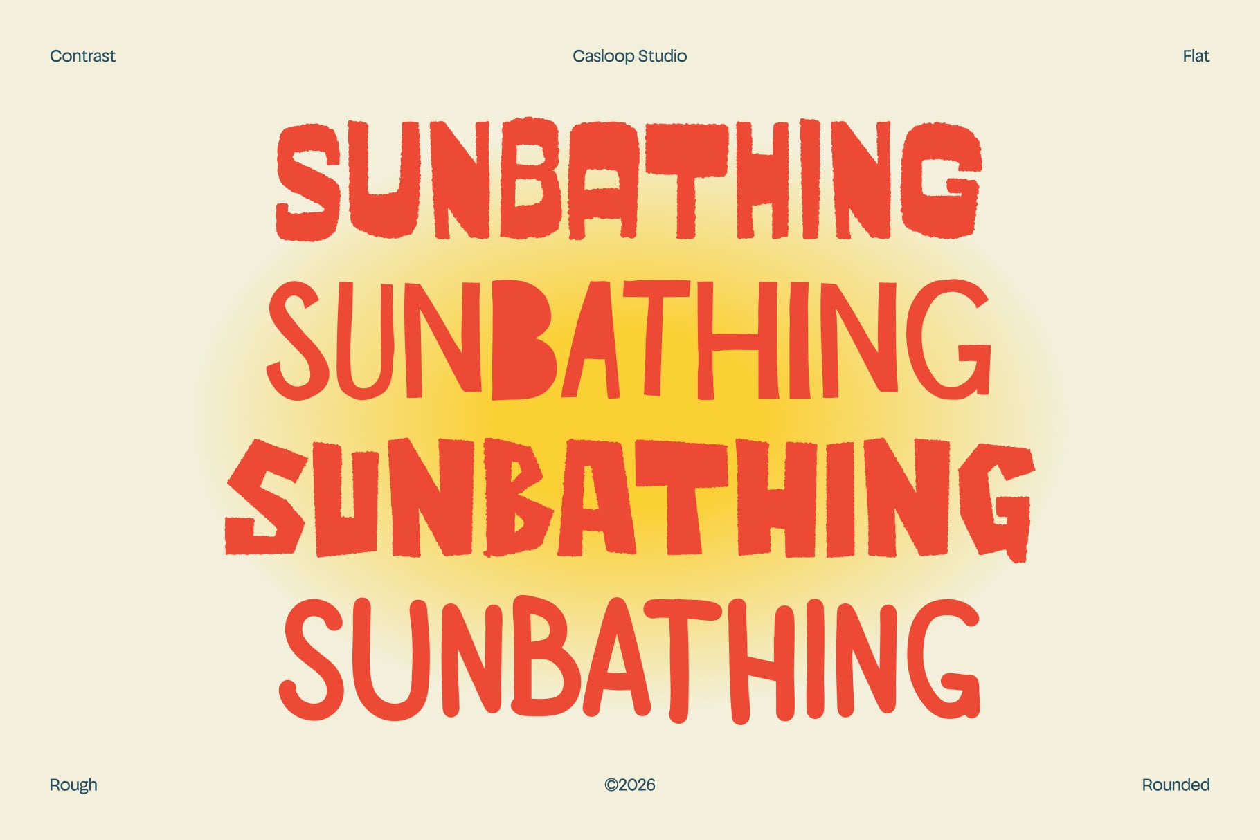 Bold red "Sunbathing" text repeated four times on cream background with yellow highlight