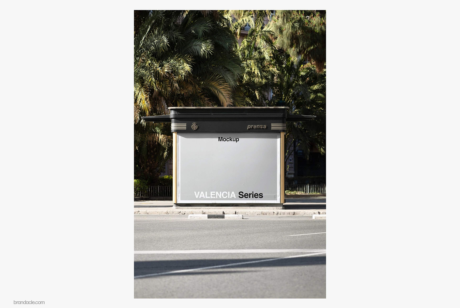 Bus shelter billboard mockup with tropical palms in bright sunlight