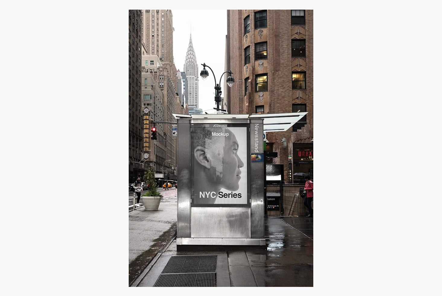 Street-level billboard mockup in Manhattan with Chrysler Building backdrop