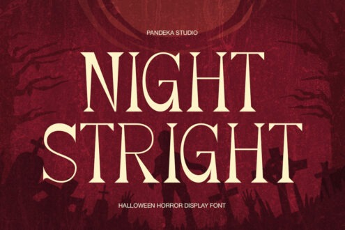 Night Strigh serif font in cream on dark red textured background with horror vibes