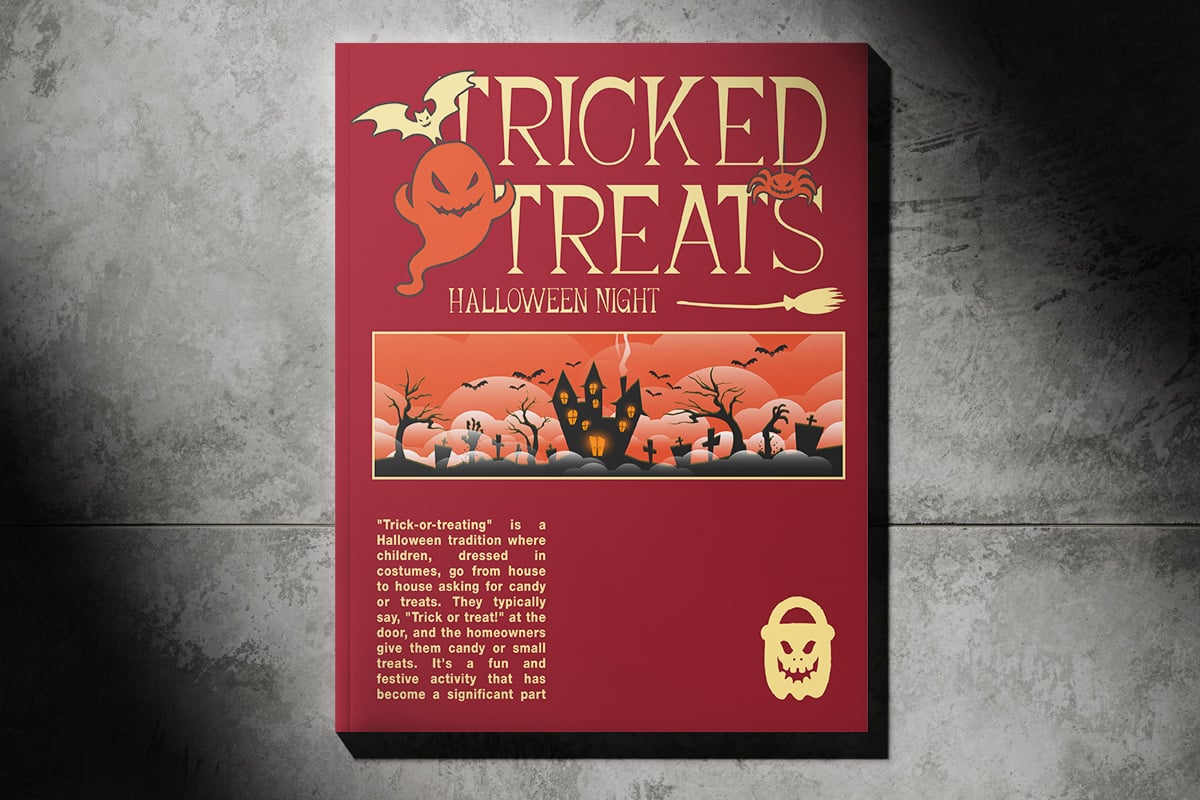 Retro Halloween poster with burgundy background, haunted house scene, gold lettering for Tricked Treats