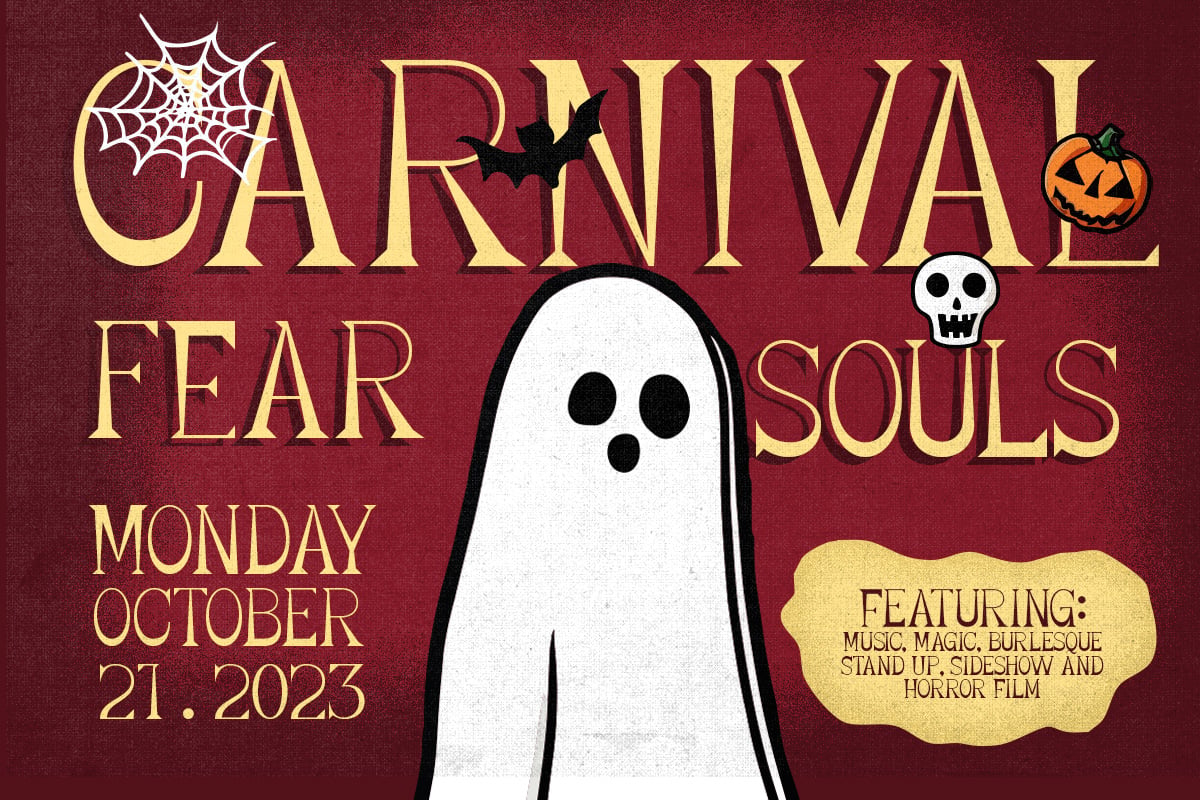 Carnival Fear Souls Halloween event poster with gold text, ghost figure, jack-o-lantern, bat, spider web on deep red background
