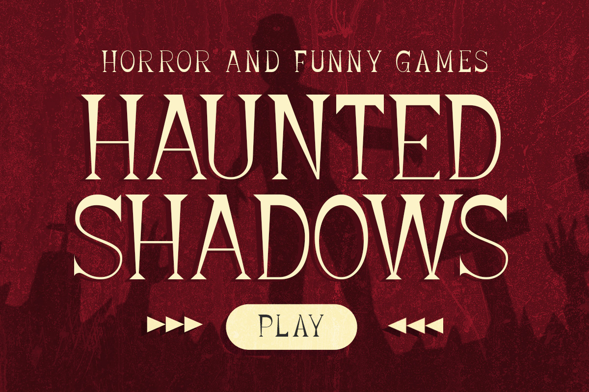Vintage game title screen with cream text on deep red textured background, play button centered below