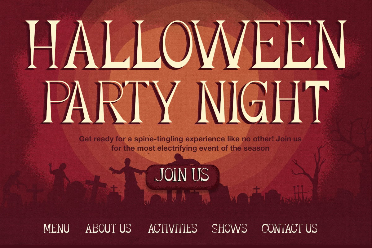 Halloween party night poster with spooky graveyard silhouette, glowing moon, creepy text