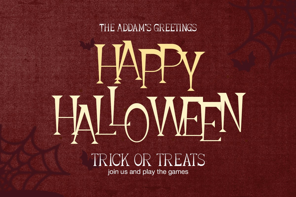 Burgundy Halloween poster with gold serif type saying Happy Halloween, Trick or Treats