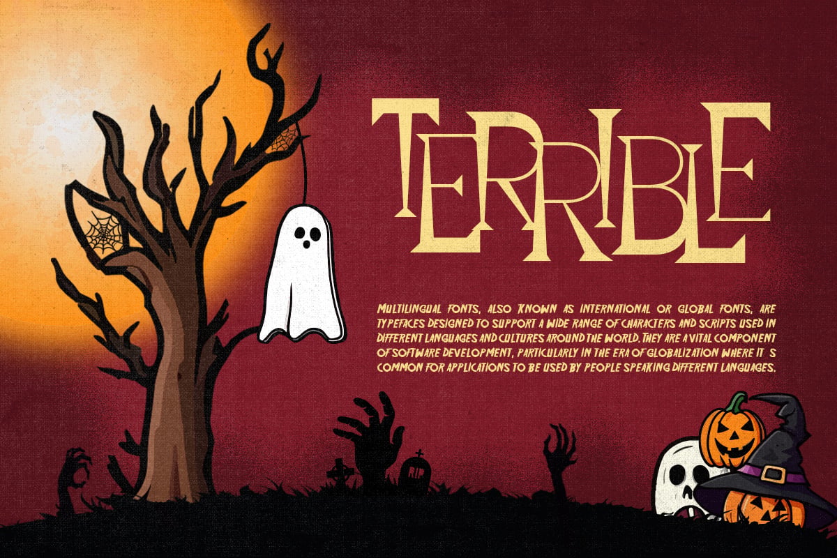 Halloween-themed font mockup with spooky graveyard scene, dead tree, ghost, pumpkins