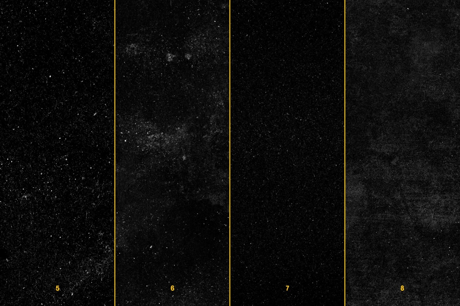 Dark starfield backgrounds with gold dividers, numbered 5 through 8, cosmic texture variations