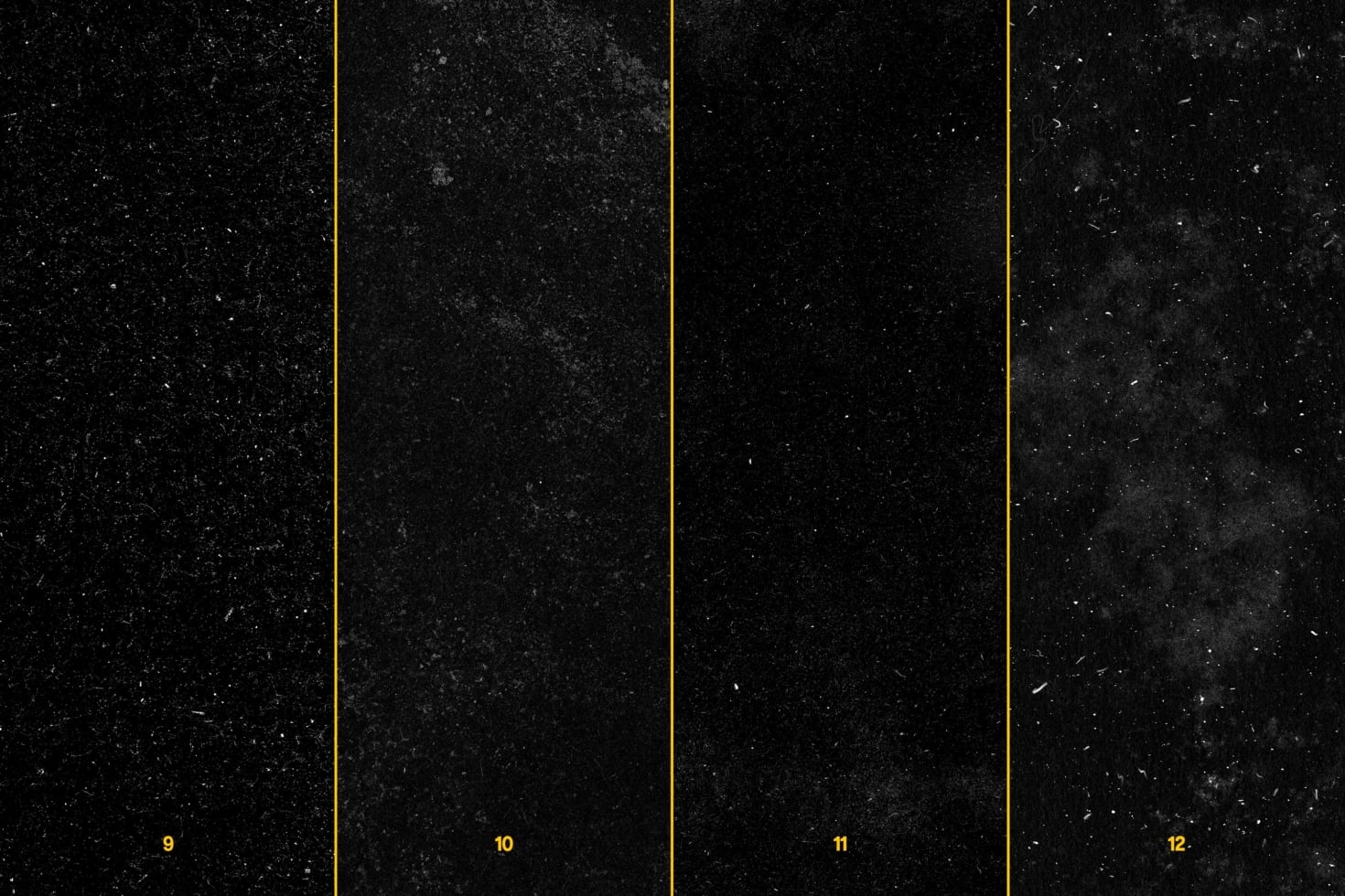 Four grainy black textures with gold dividers, numbered 9 through 12 for design mockups