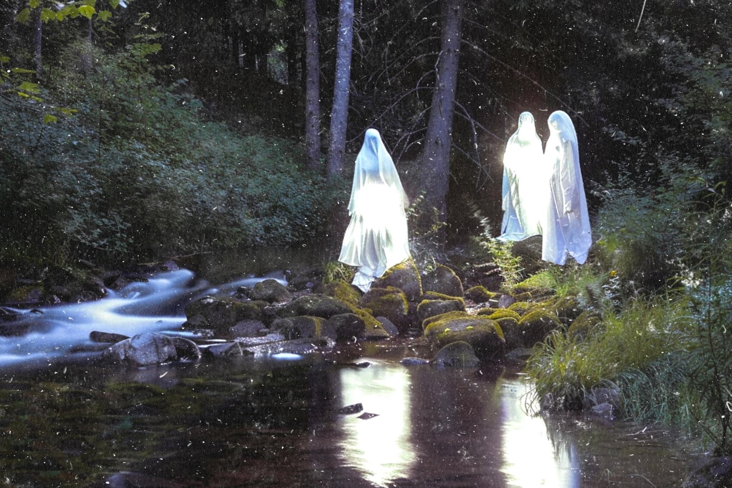 Glowing ghost figures floating in a dark forest stream at night with moss-covered rocks