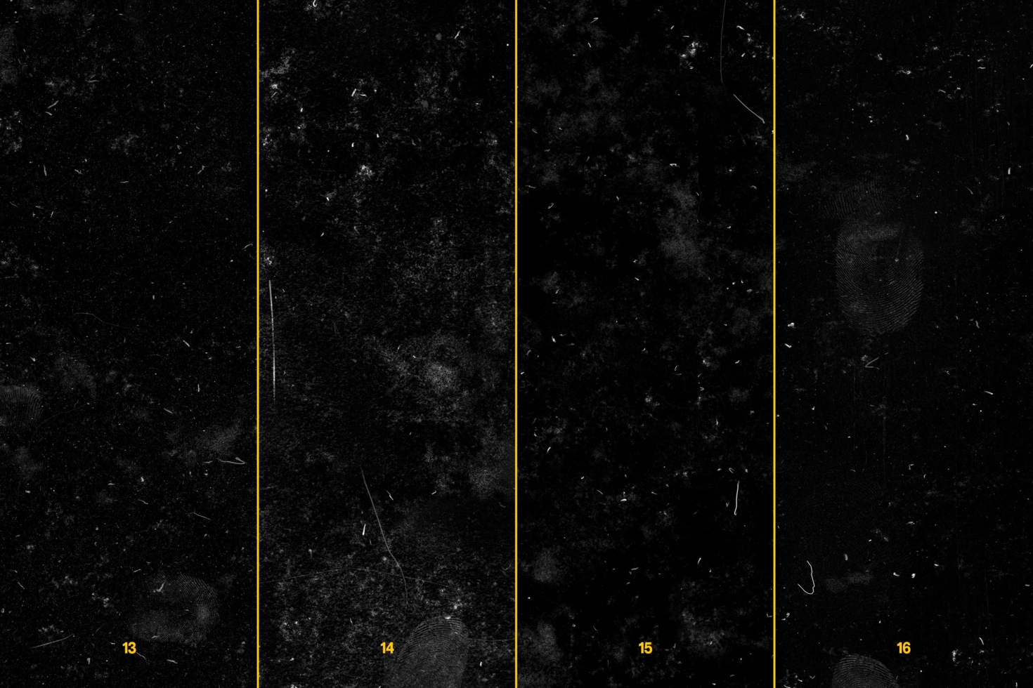 Dark gritty texture pack with four numbered panels, gold dividers, white dust particles scattered throughout