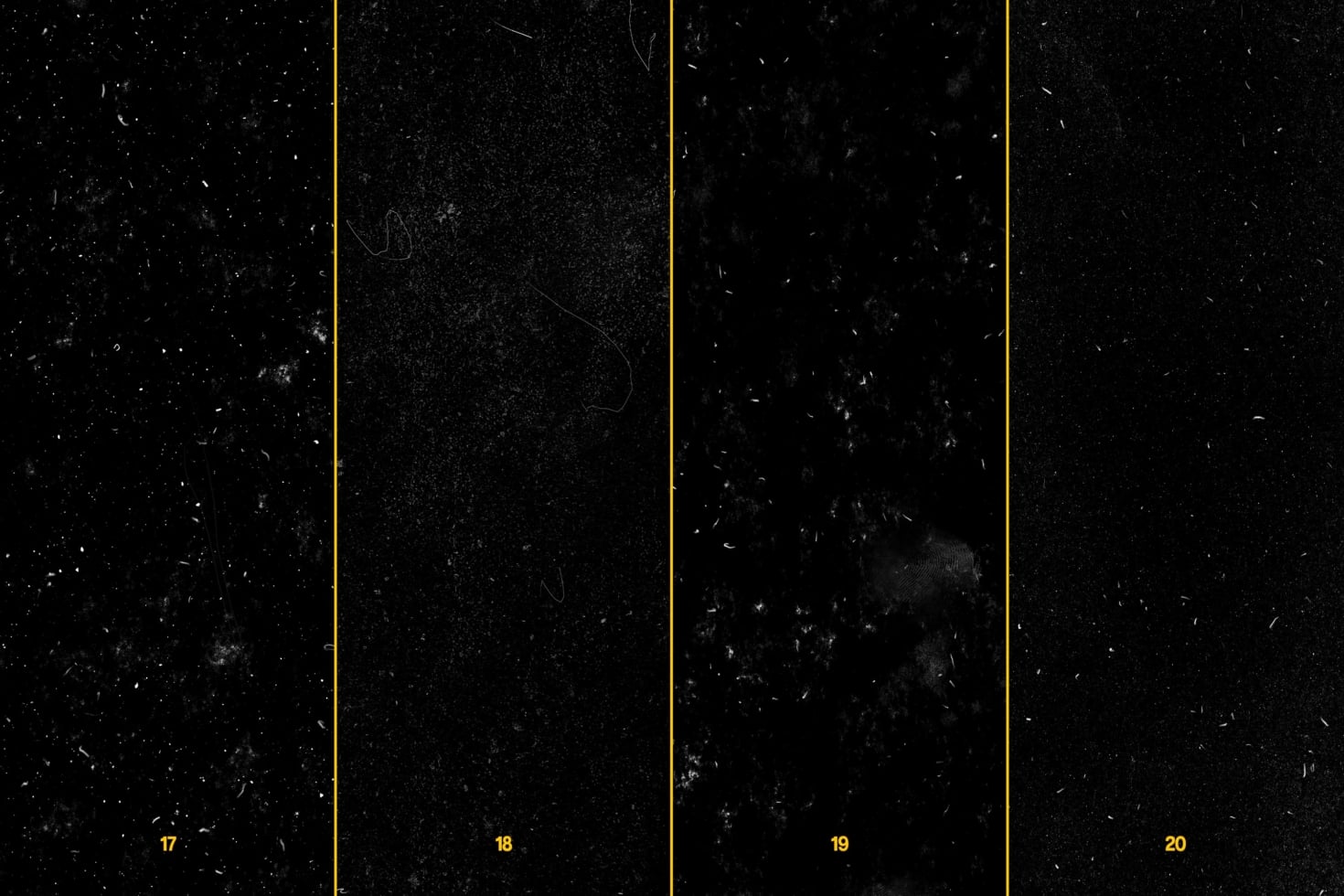 Four dark grungy textures with gold dividing lines, numbered 17 through 20