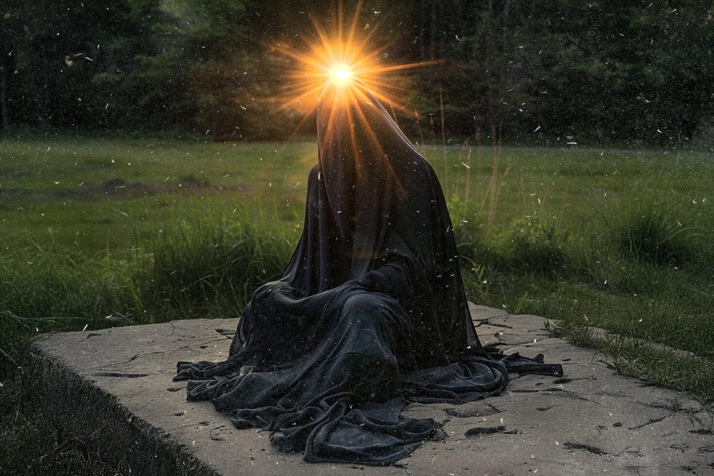 Cloaked figure sitting in overgrown field with intense golden light bursting overhead, moody dark fantasy vibe