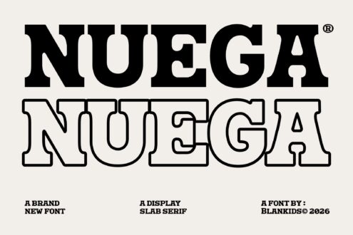 Nuega slab serif font showing solid black version over outlined version with designer credit