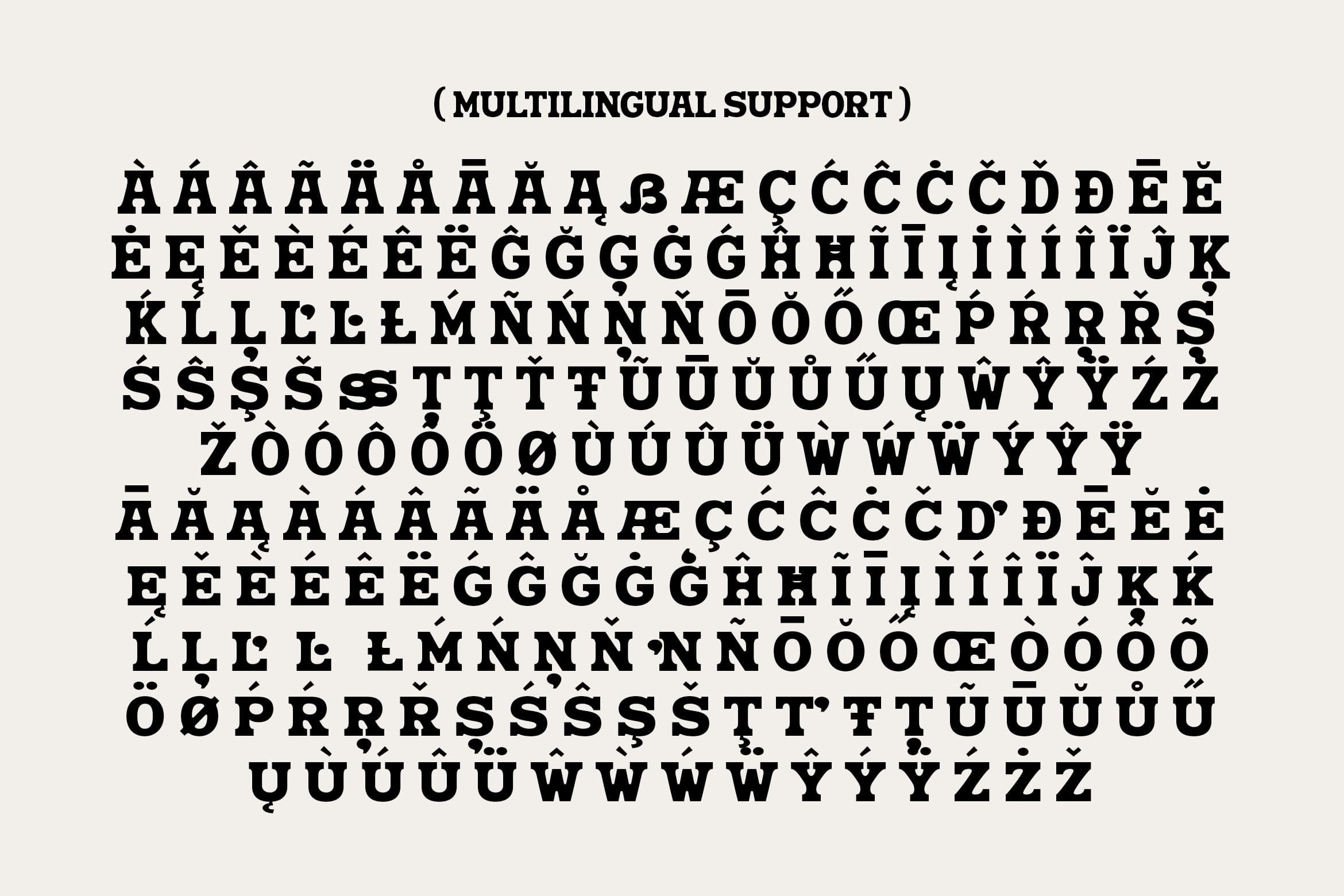 Bold serif font character set with multilingual diacritical marks for Eastern European languages