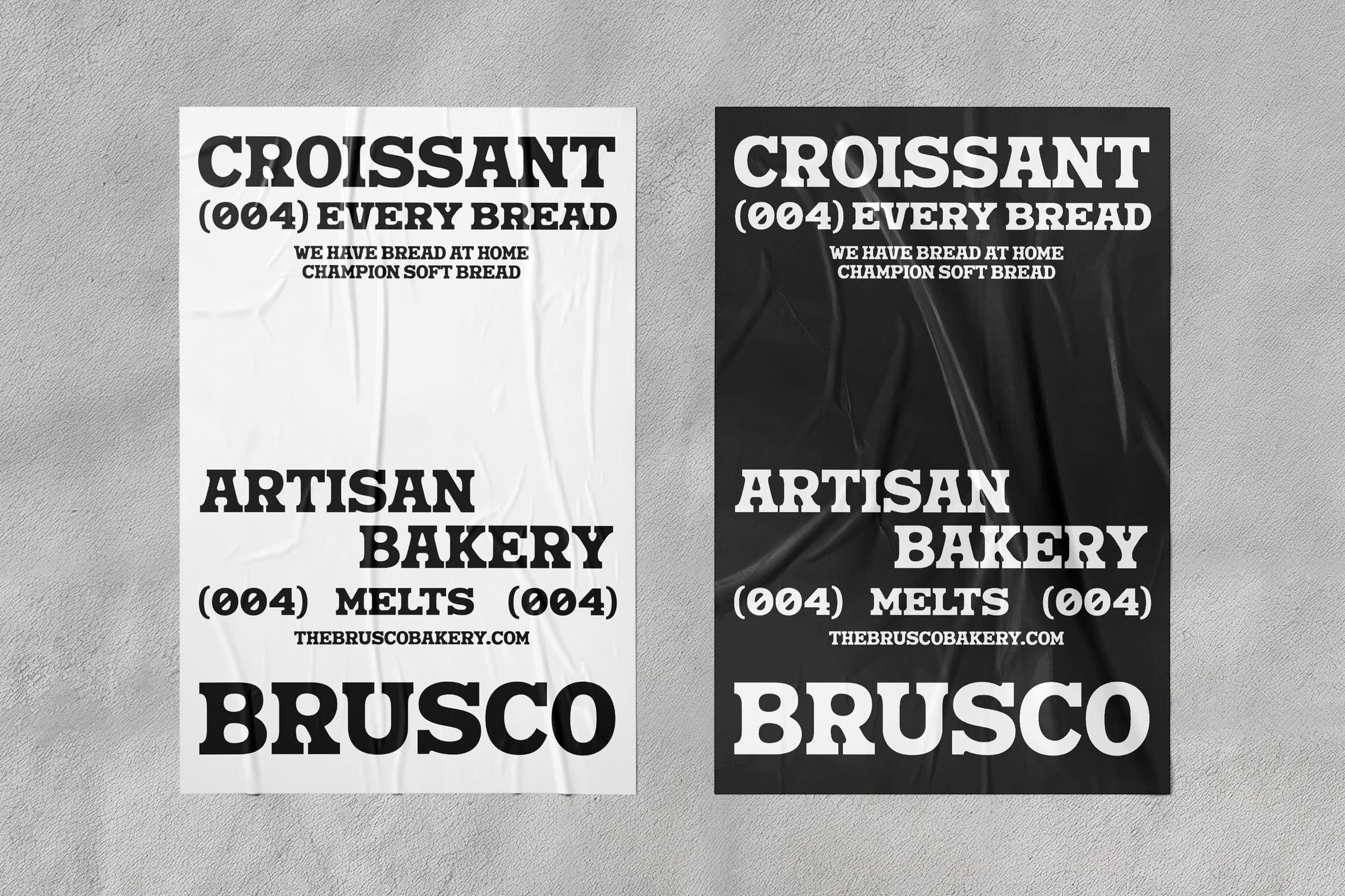 Two bakery posters in black on white plus white on black with bold typography about croissants, bread, plus artisan details