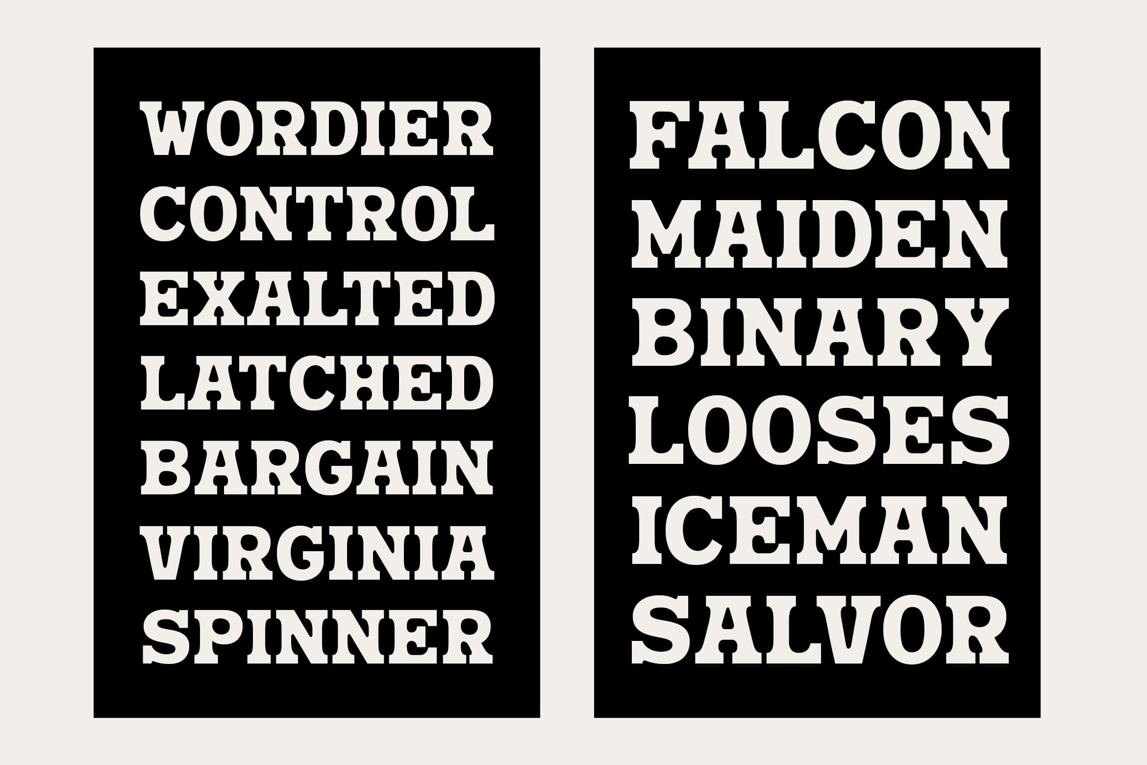 Two black cards with bold white slab serif type showing game of thrones character names